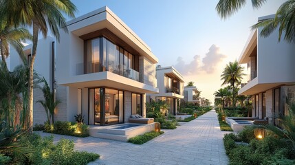 Fototapeta premium Modern villas surrounded by tropical landscaping at sunset.