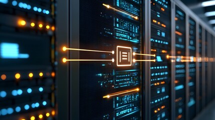Obraz premium Advanced Data Center Technology Showcasing High-Speed Connectivity and 5G Infrastructure with Illuminated Servers and Data Flow Visualization