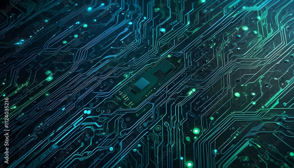 Poster background high-tech circuit board texture with glowing blue and green lines, creating a sci-fi digi