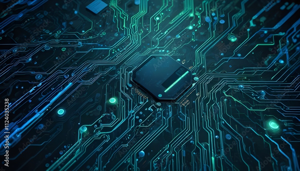 Poster background high-tech circuit board texture with glowing blue and green lines, creating a sci-fi digi