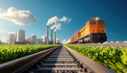 Obraz premium A vibrant scene featuring a freight train on tracks, surrounded by green fields and industrial buildings under a clear blue sky.