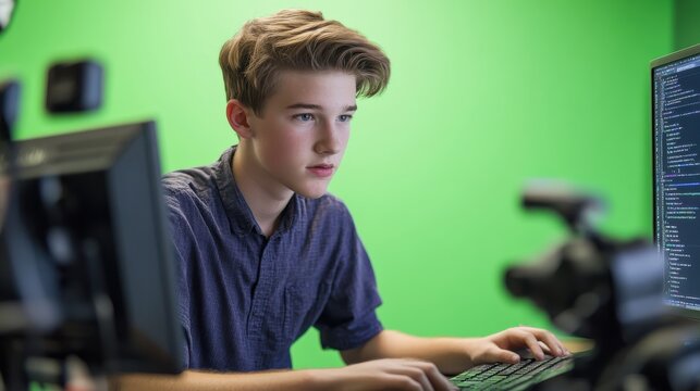 A Caucasian digital marketing intern teen analyzing ad campaigns on a computer, greenscreen background, full body