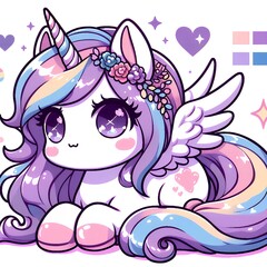 Obraz premium Adorable Pastel Unicorn with Rainbow Mane and Wings: A Kawaii Digital Art Creation