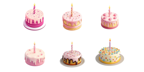 3D cartoon cute birthday cake with candles on white background.