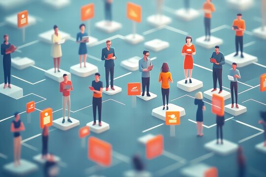 Collaborative networking event virtual workspace illustration digital environment aerial view community engagement strategies