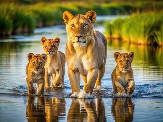 Ndutu Tanzania Lioness Cubs River Crossing Wildlife Photography High Depth of Field