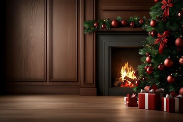 A cozy Christmas scene featuring a decorated tree, presents, and a glowing fireplace in a warm wooden room.