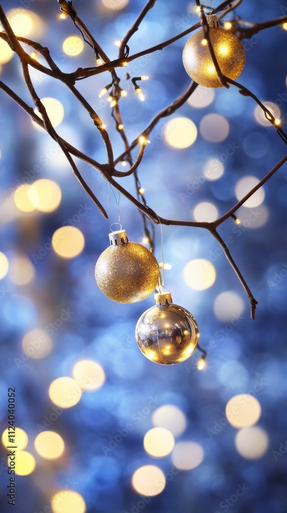 Poster elegant ornaments hanging from branches with soft bokeh background