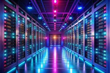 Fototapeta premium Shot of a dark data center with multiple rows of fully functional server racks Modern telecommunications cloud computing artificial intelligence database supercomputer