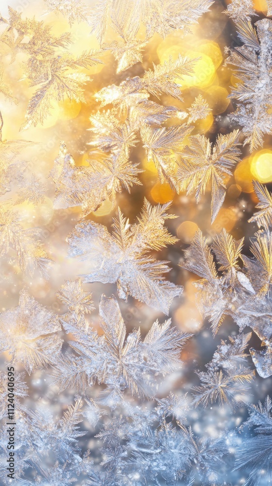 Poster intricate frost patterns with golden bokeh lights