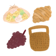 picnic clipart set of bouquet, basket, croissant and grapes 