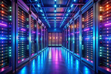 Fototapeta premium Shot of a dark data center with multiple rows of fully functional server racks Modern telecommunications cloud computing artificial intelligence database supercomputer