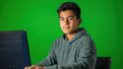 A Hispanic blockchain enthusiast teen coding smart contracts with focus, greenscreen background, full body