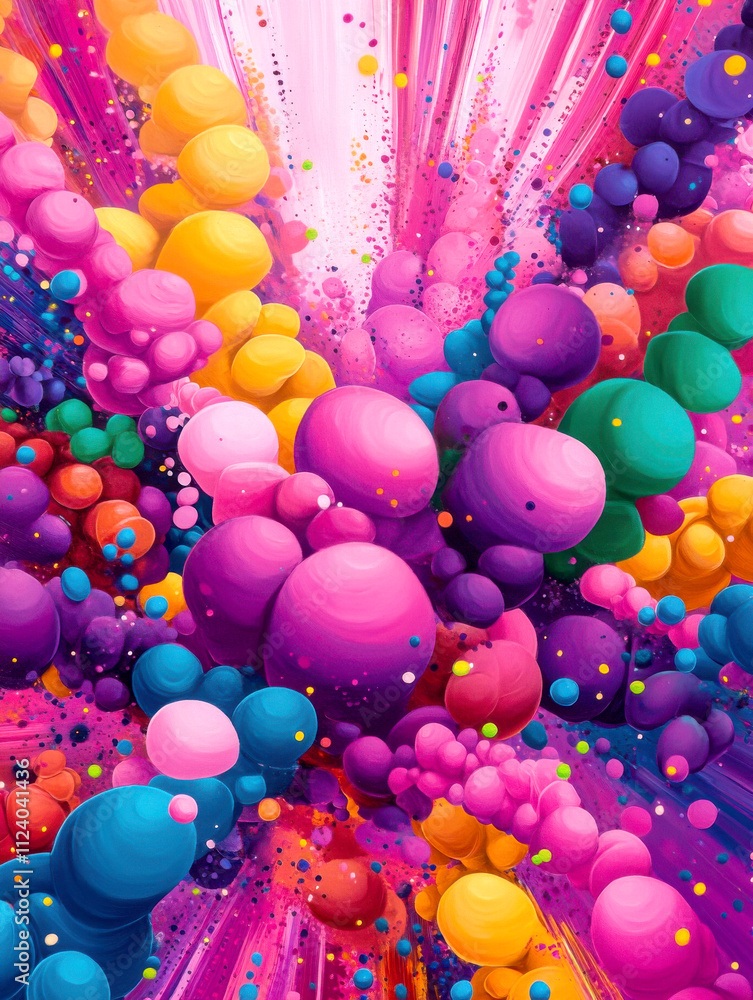Poster vibrant abstract image showcasing colorful spheres and patterns.