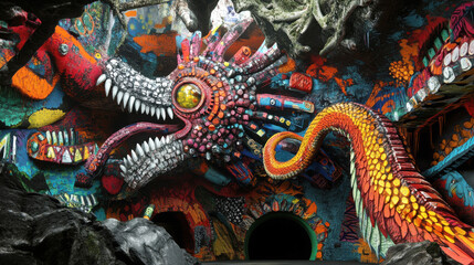 Obraz premium Vibrant dragon mural showcasing intricate cultural artistry.