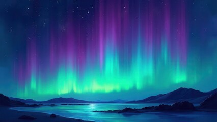 Fototapeta premium Glowing Polar Gradients.Digital rendering of the aurora borealis featuring bold strokes of violet and emerald against a starry sky. The artwork is precise and clear, offering an atmospheric vibe with 