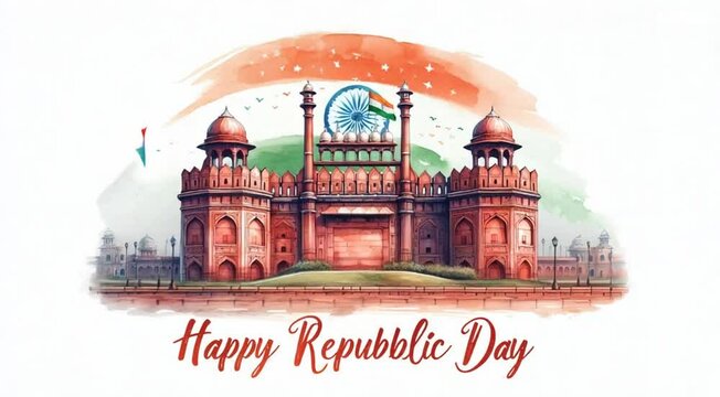 Red fort , Ashoka Wheel with National tricolor flag Flag with  Colours  waves for Happy Indian Republic Day celebration.26 th january vedio.