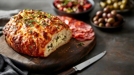 Rosemary Cheese Olive Bread Loaf Sliced On Wooden Board