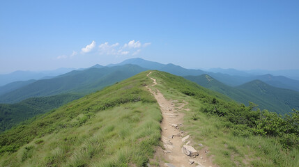 Mountain Path: A winding dirt path leads upward through a vibrant, verdant mountain landscape, with a hazy blue sky and fluffy clouds above. The scene evokes a sense of adventure, exploration.