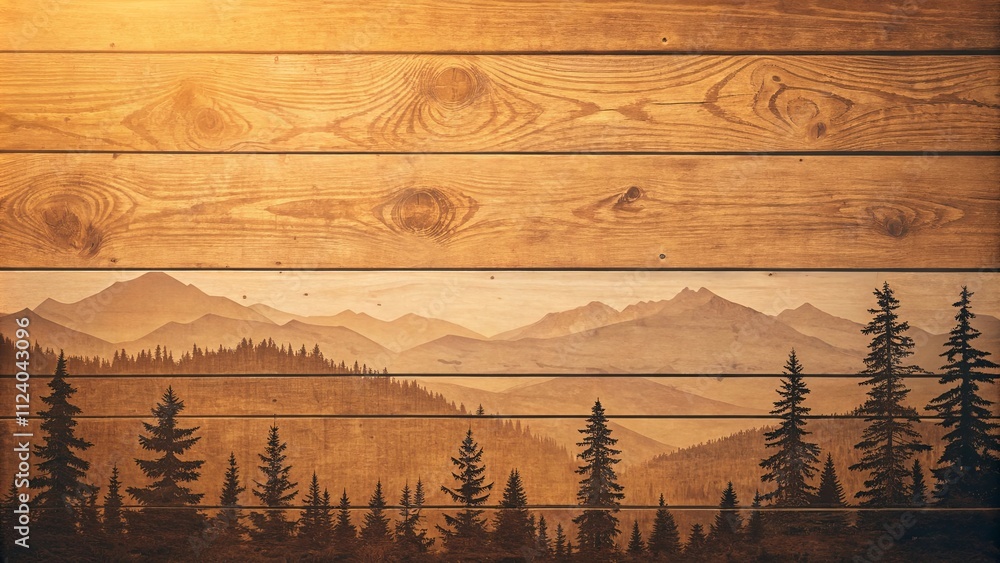 Poster a wood grain background with a mountain range in the foreground