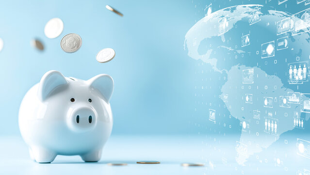 Symbolic piggy bank with data projections, global financial technology theme