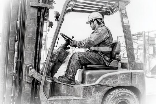 recommend clip art: Detailed Forklift Operating with Metal Parts Sketch