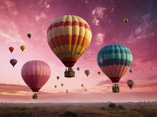Fototapeta premium Colorful Hot Air Balloons Soar Across a Pink Sunset Sky