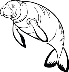 Obraz premium Black and White line Drawing of a Manatee Silhouette a simple and clean outline style with Emphasis on its gentle