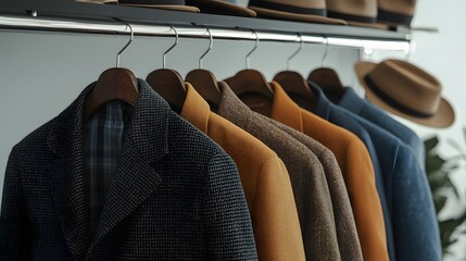 Obraz premium Vintage Menswear Display Featuring Stylish Jackets and Hats in a Well-Organized Fashion Setting for Timeless Elegance