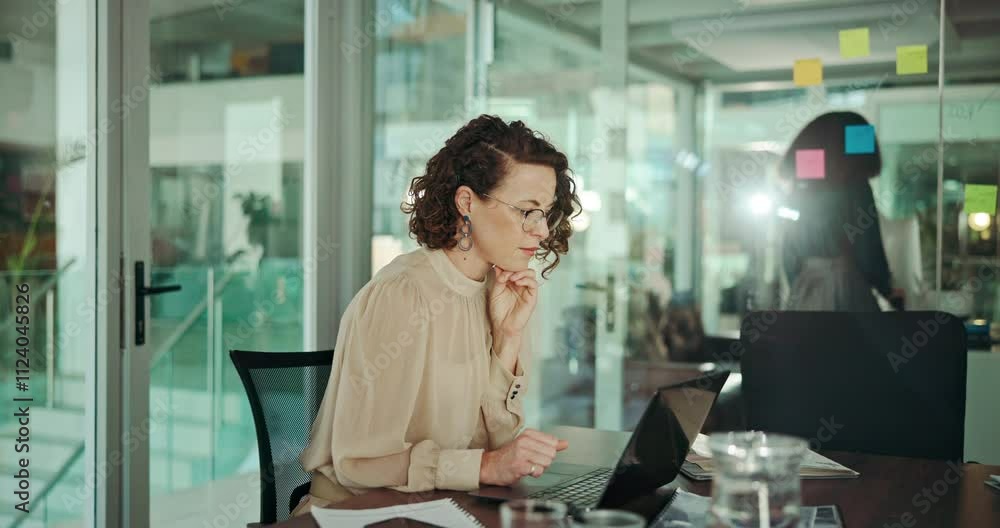 Poster Laptop, problem solving and solution with designer woman in office for programming or troubleshooting. Computer, thinking and web development with creative employee in workplace for software coding