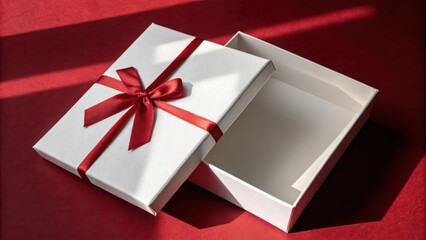 An elegant white gift box with a crimson ribbon, partially open on a rich red surface, bathed in sunlight