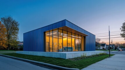 Fototapeta premium Modern blue building with large glass windows at dusk.