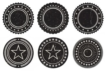 Collection of six distinct black and white distressed circular stamps featuring star and laurel wreath designs