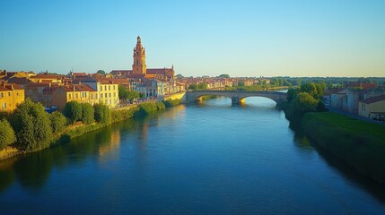 Obraz premium Scenic view of a river with bridges and historic buildings under a clear blue sky.