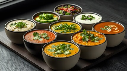 Fototapeta premium A Vibrant Array of Colorful Vegetarian Curries with Fresh Ingredients and Spices Served in Bowls on a Dark Wooden Surface