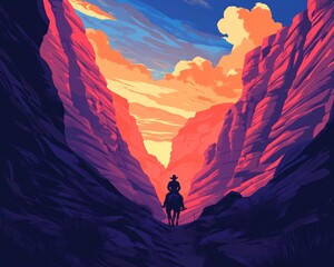 Fototapeta premium Cowboy Riding Horse Through Canyon at Sunset