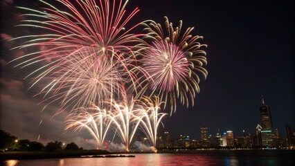 Spectacular nighttime fireworks display over a cityscape reflecting in calm water