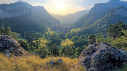 Obraz premium Scenic view of a valley surrounded by mountains during sunset.