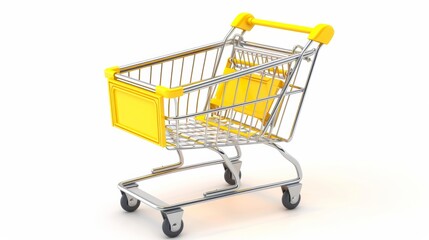 Empty Yellow Shopping Cart on White Background: Retail, Commerce, and Consumerism Concept