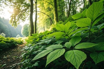 Fototapeta premium Lush Green Undergrowth in a Sun-Dappled Forest Path