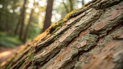 Obraz premium Detailed Close-Up of Weathered Tree Bark in a Sun-Dappled Forest