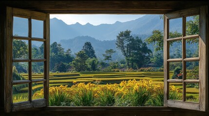 Fototapeta premium Scenic view of terraced fields and mountains framed by an open window.