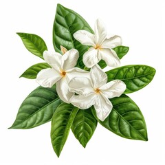 Fototapeta premium Elegant Botanical Illustration of White Gardenias with Lush Green Foliage