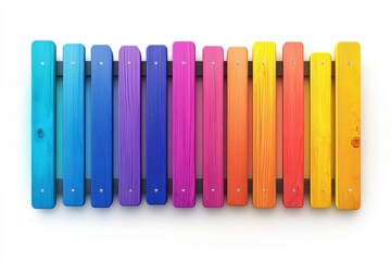 Rainbow-colored wooden fence planks arranged in a row. Perfect for vibrant, cheerful designs; evokes joy and creativity.