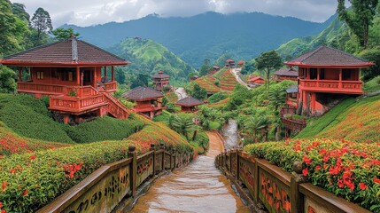 Fototapeta premium Scenic view of vibrant terraced gardens with traditional architecture amidst lush mountains.
