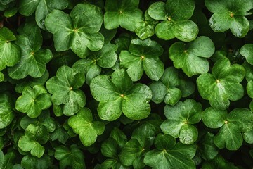 Lush green clover leaves, glistening with dew, create a vibrant texture. Perfect for spring, nature, or St. Patrick's Day designs, evoking freshness and luck.