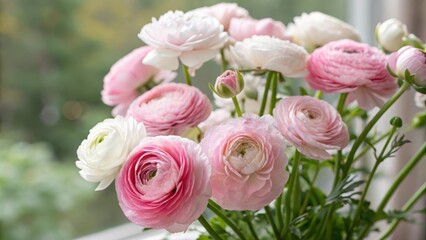 Fototapeta premium A delicate bouquet of pink and white ranunculus flowers, softly illuminated by natural light, exudes springtime freshness and elegance.