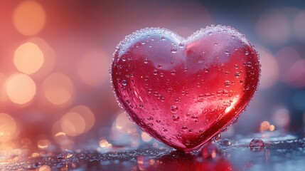 Obraz premium Frosted glass heart effect on a blurred red and pink gradient background, perfect for romantic themes.