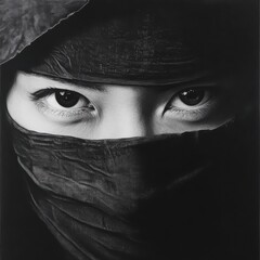 Naklejka premium Close-up black and white portrait of a woman's eyes peeking from under a dark veil.