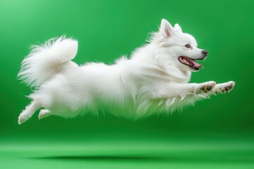 White fluffy dog leaps across green screen. Perfect for pet websites, playful advertisements, or any project needing a happy canine image.